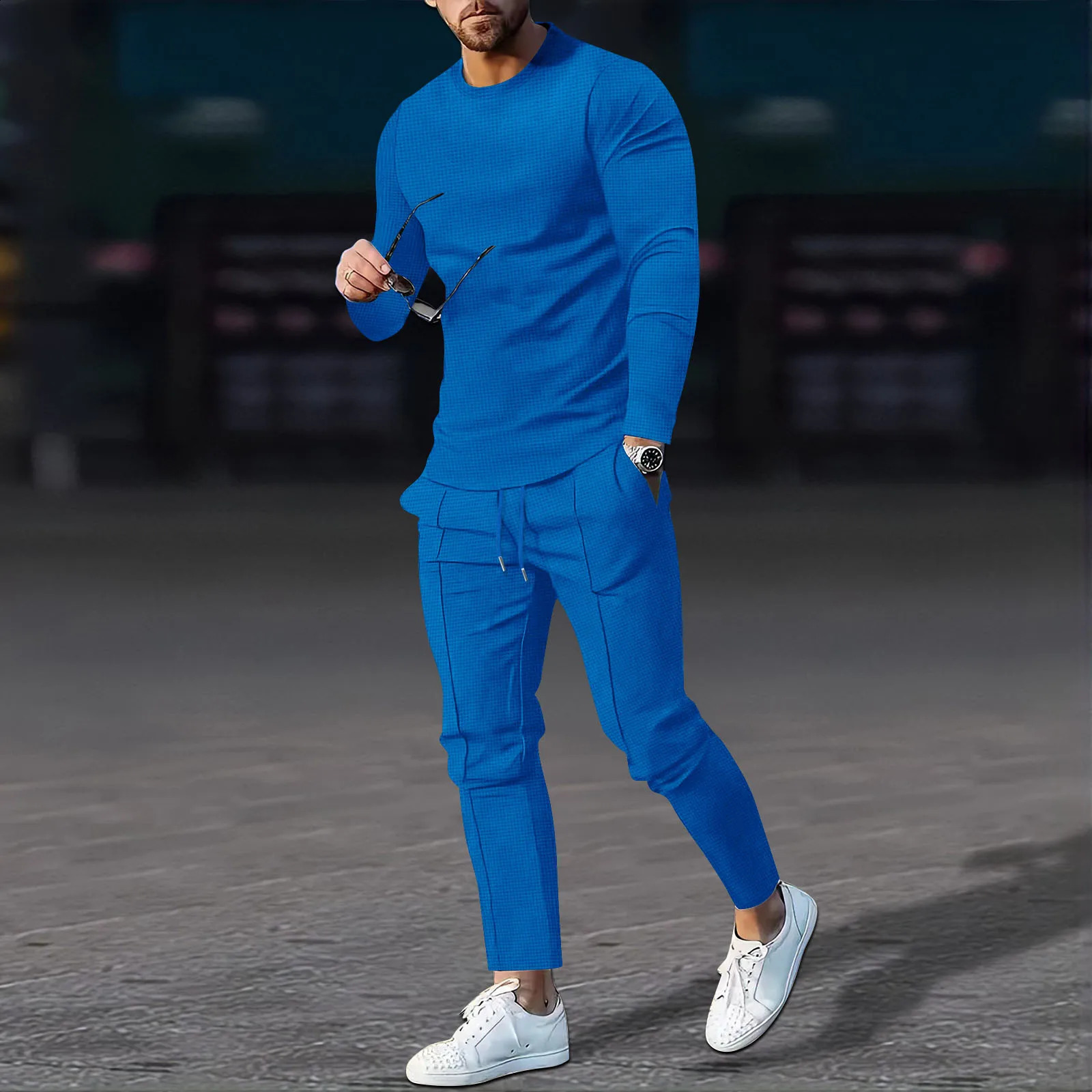 Autumn mens solid color suit waffle round neck long sleeved mens suit 240827