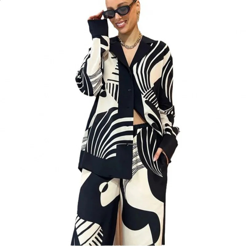 Long Pant Sets Autumn Long Sleeve Shirt Loose Print Casual 2 Piece Sets Women Outfit Ladies Two Piece Set For Women Office 240820