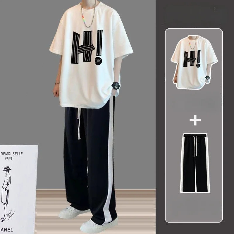 Jogging T-shirts Pants Suits for Men Smooth Cotton Jogger Running Man Trousers Sets Black Two Piece Set Korean Style Chic S 240821