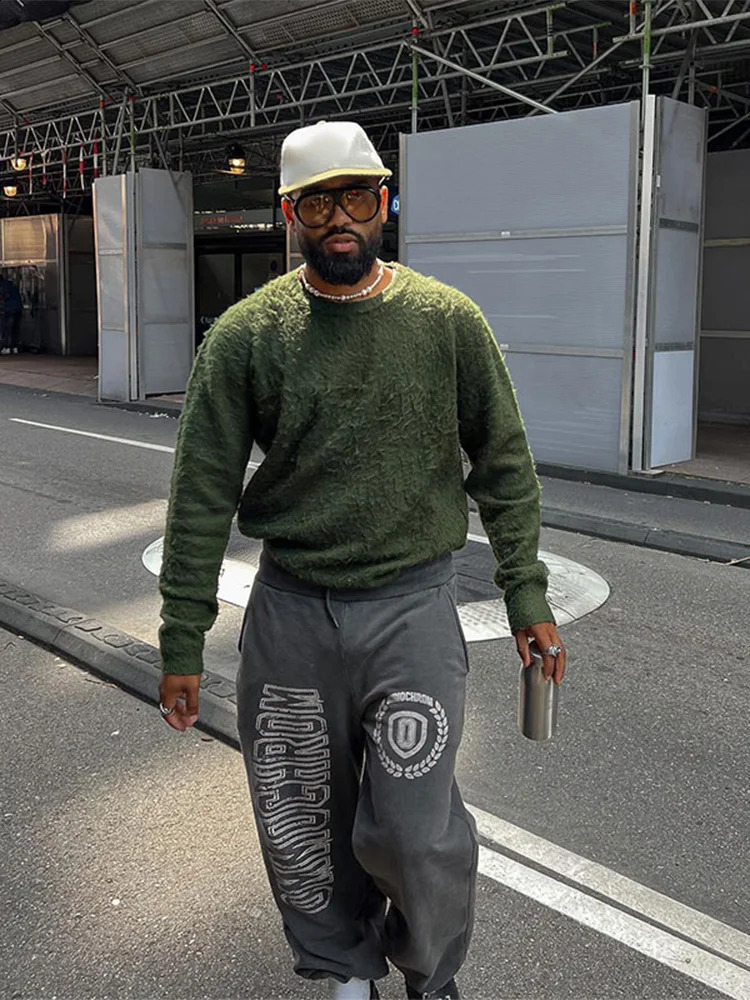 Solid Mohair Sweater Casual O Neck Long Sleeve Mens Knitted Pullover Autumn Chic Plush Cashmere Loose Male Solid Knit Jumpers 240821