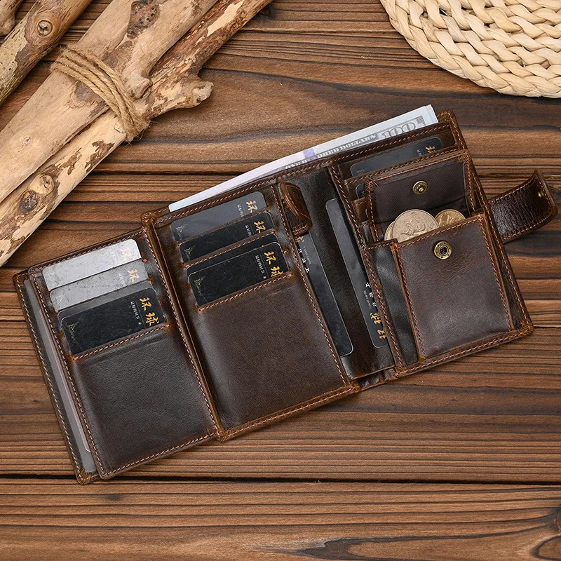 High Quality Genuine Leather Card Wallet Men Women RFID Genuine Leather Short Wallet Multi Cards Slots Button Man Purse 241224