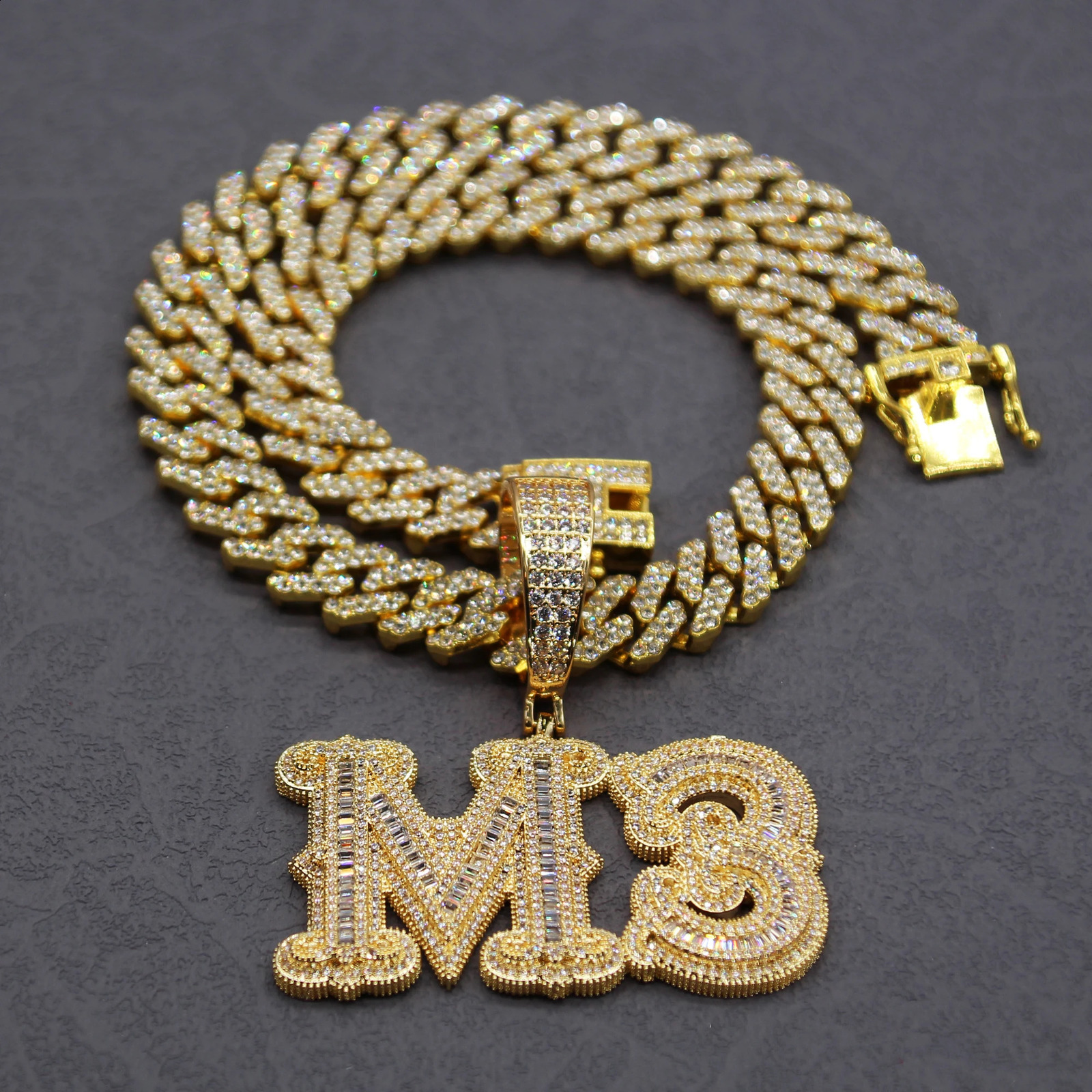 Customized name necklace with zirconia bagel letters and 12MM Cuban chain hip-hop pendant suitable for men women and hip-hop jewelry 240808