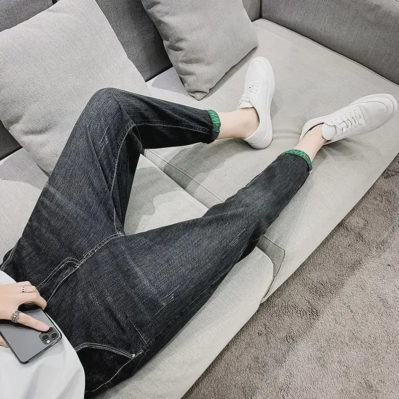 Mens Jeans Ripped Cropped Man Cowboy Pants Stretch Trousers with Holes Torn Light Blue Broken Elastic High Quality Summer Xs 240821