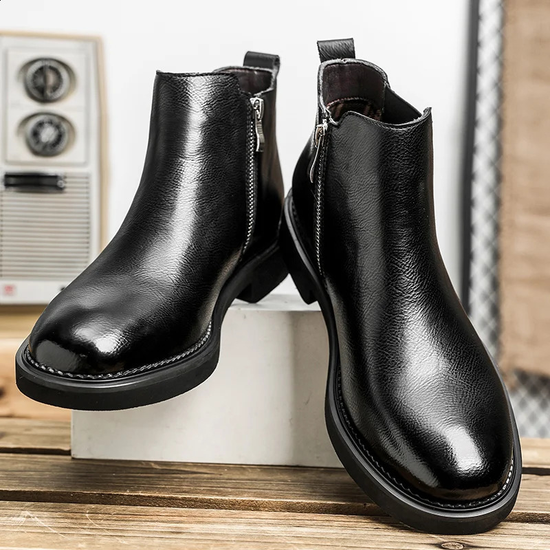 British style mens Chelsea boots fashion mens Chelsea boots leather elastic band ankle boots business dress shoes 240821