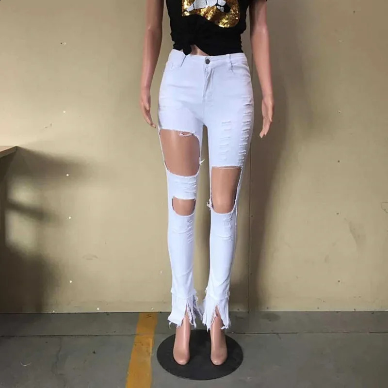 Summer Women Washed Ripped Jeans Fashion Sexy High Waist Skinny Denim Jeans Black Hollow Out Bleached Pencil Pants 240821