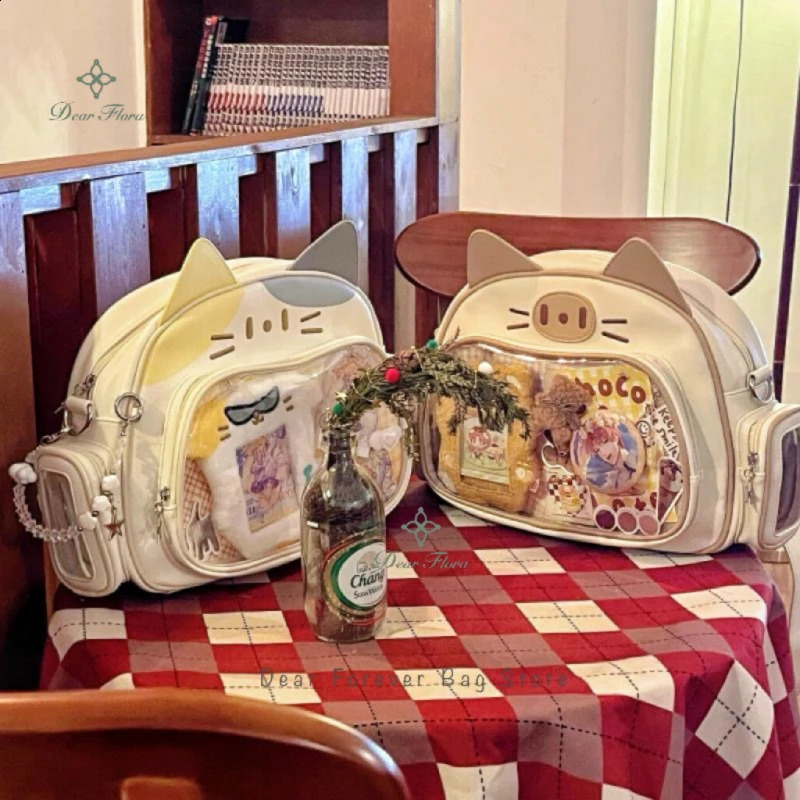 Y2K Korean Kawaii Cat Ita Bag Cute PU Shoulder for Girls Transparent Pocket Harajuku Cross Body Womens Fashion Backpack 240903