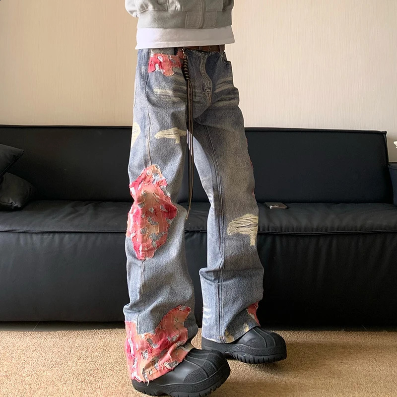 IEFB American Style High Street Denim Jeans Micro Horn Printing Splicing Contrast Color High Street Fashion Male Trousers 240821