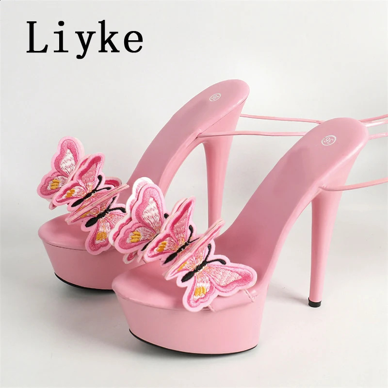 Liyke 2024 Pink Yellow Cross Strap Platform Sandals Women Handmade Embroidery Butterfly Open Toe Elegant High Heels Shoes 240819