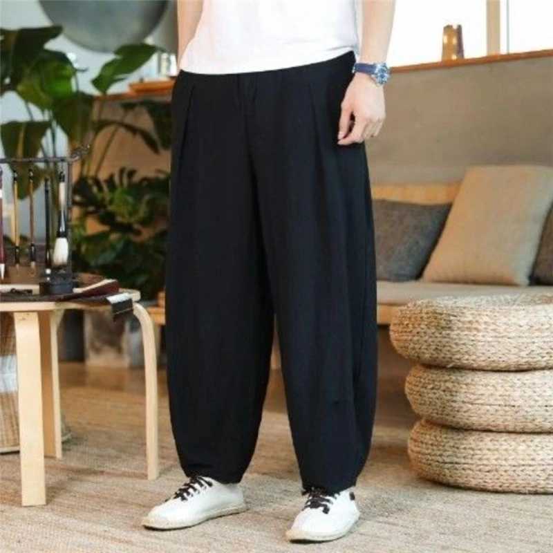 Mens summer pocket hippie cotton linen harem pants Y2K mens street clothing solid wide leg Trouser retro Drawstring PantalonesW240725