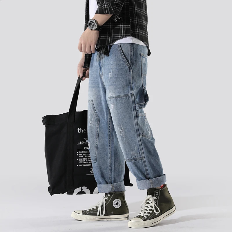 Y2K vintage high quality Harajuku mens jeans multi-generation biker ripped pants fashion loose Korean nine minute pants 240821