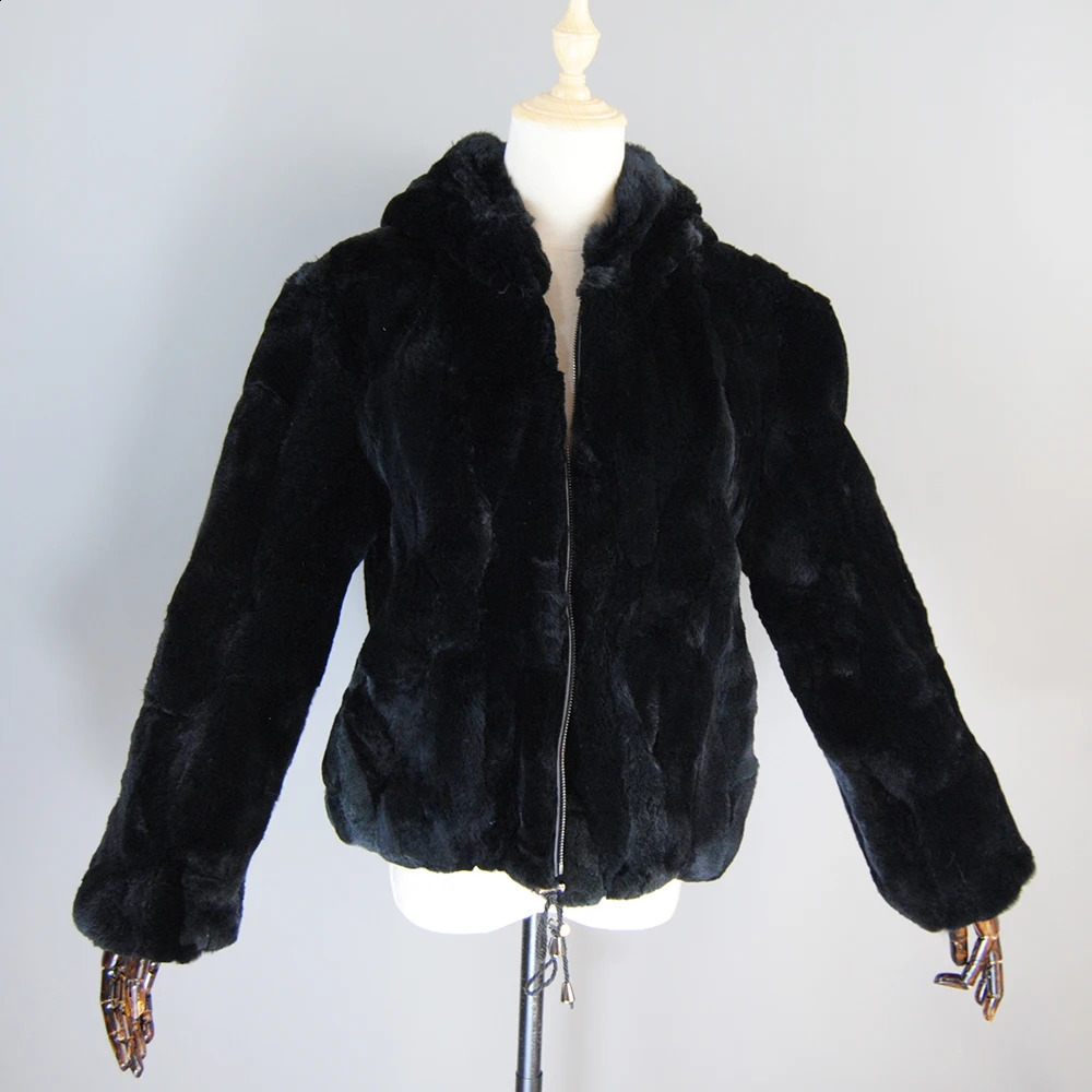 Winter Woman Real Rex Rabbit Fur Coats Girls Warm Natural Hooded Jackets Fashion Zipper Genuine Outerwear 240820