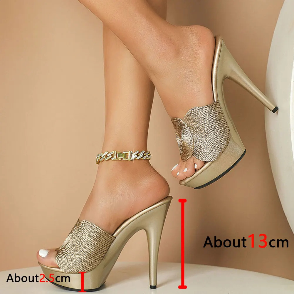 2024 Spring Summer Chunky Platform Super Thin Heeled Mule Sandals For Women Hemp Elegant Chic Sexy Party Shoes Sandals 240914