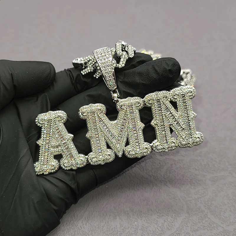 Customized name necklace with zirconia bagel letters and 12MM Cuban chain hip-hop pendant suitable for men women and hip-hop jewelry 240808