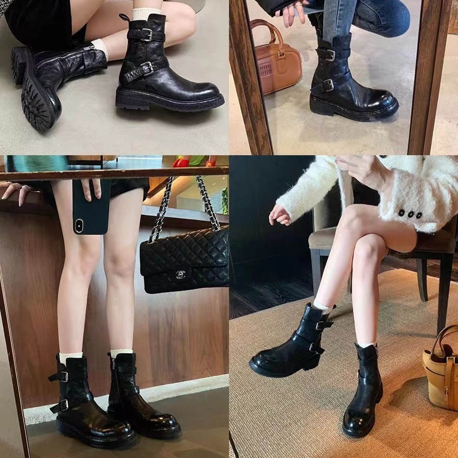 Ddmysports Same Style As Su Yinyin Annual Combat Boots Washed Wrinkle Orse Leather Buckle Strap Thick Eel Martin Short Women S Motorcycle OUTDOOR