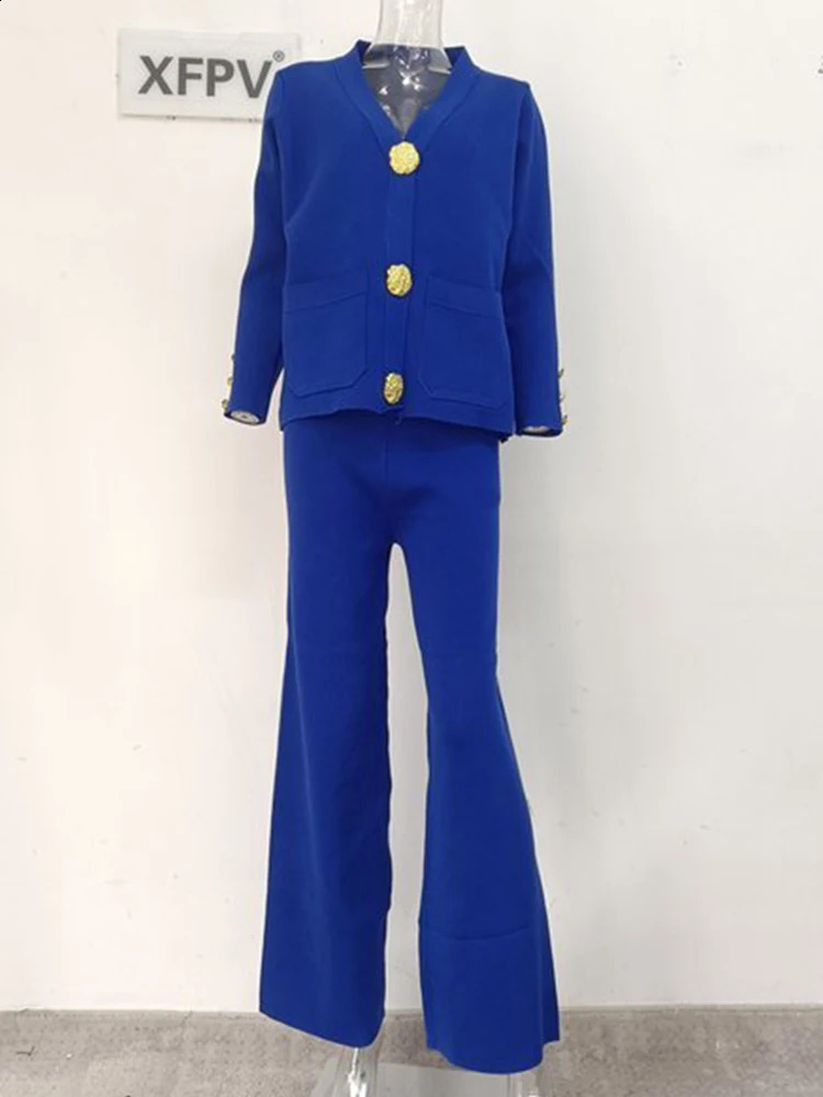 XFPV Women Solid V-Neck Long Sleeve Single Breasted Coat Elastic Waist Wide Leg Pants Two Piece Set Autumn Winter SM9785 240820