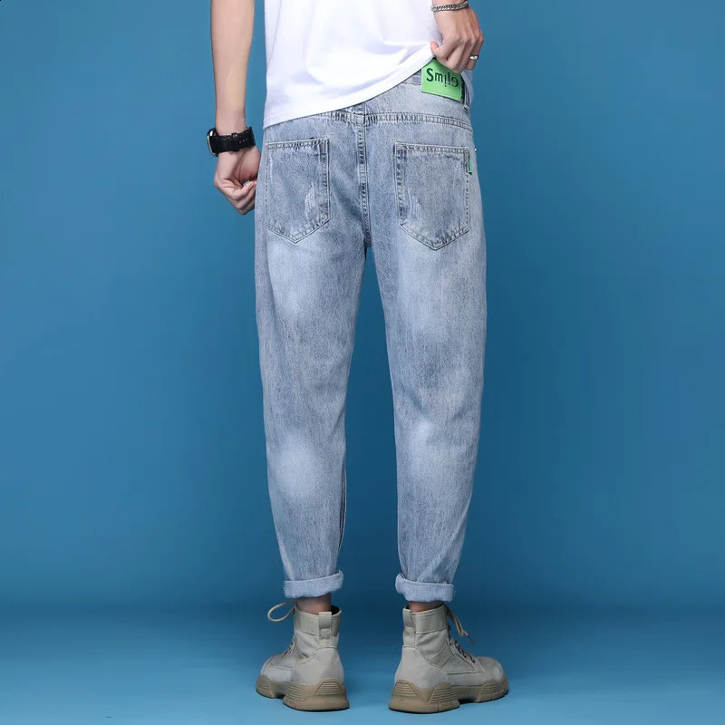 Ripped Jeans Mens Summer Thin Trendy Retro Washed Distressed Loose Elastic Versatile Light Blue Denim Pants 240821