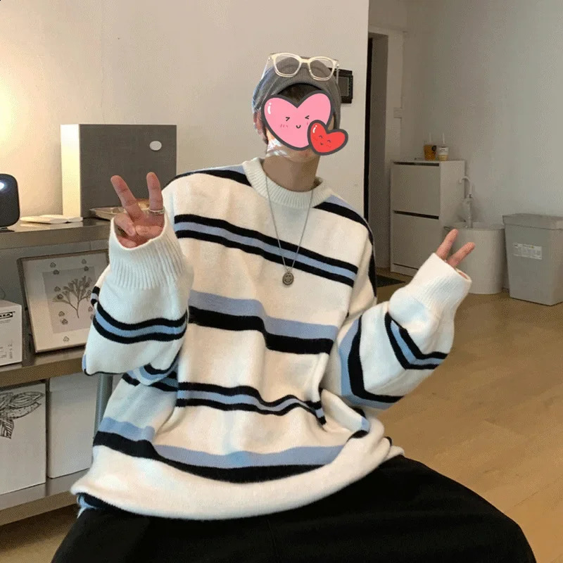 Japanese style round neck striped mens sweater for spring and autumn loose knit top with wide sole casual 240821