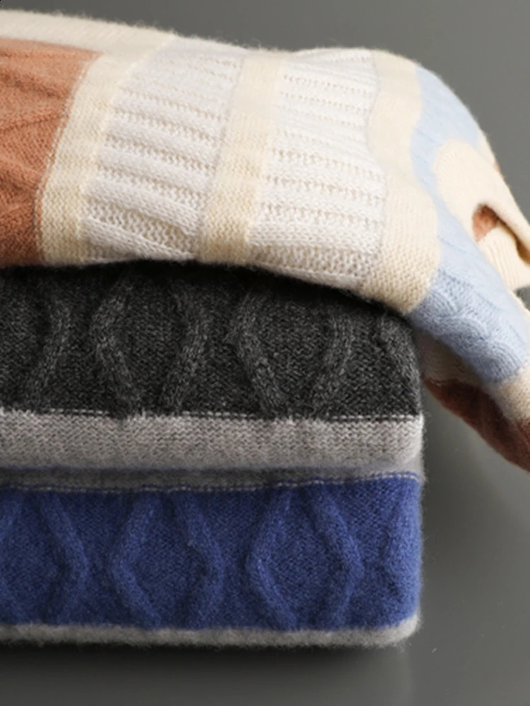 ADDONEE Men Autumn Winter Cashmere Sweater Thick O-neck Pullover Cable Knit Striped Clothing 100% Merino Wool Knitwear Fashion 240821