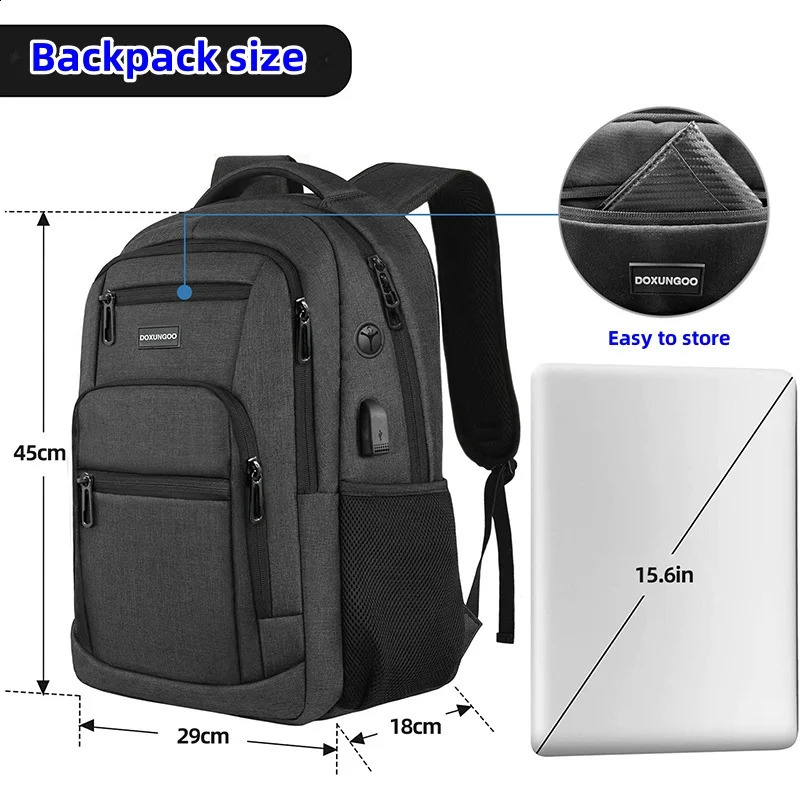 large capacity waterproof breathable backpack 156inch computer bag USB headphone cable retention port DOXUNGOO 240820