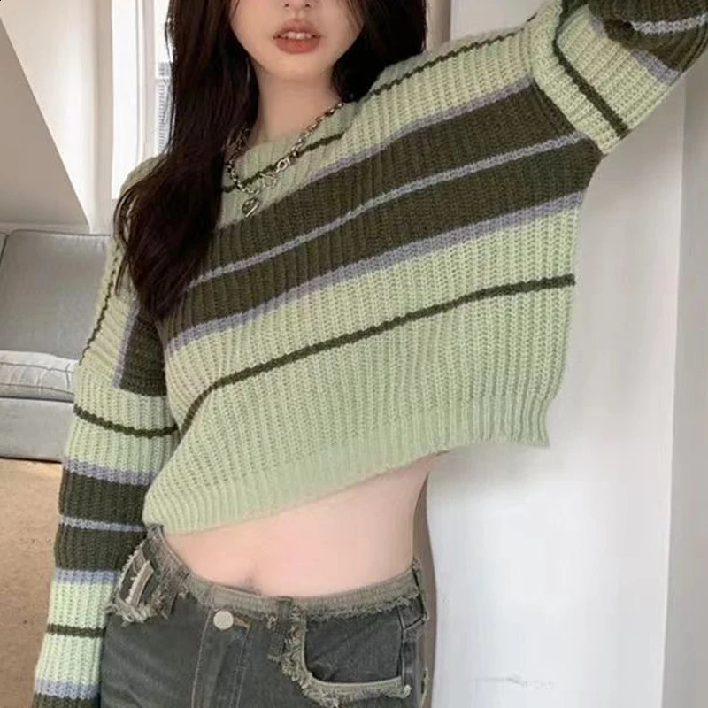 Womens trendy contrasting color striped chic sexy crop top Y2K womens Oneck long sleeved ultrathin floral knit sweater 240821