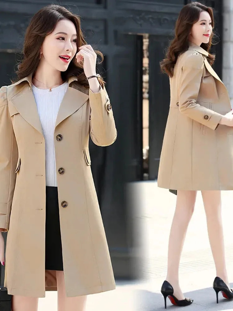 Spring Autumn Khaki Windbreaker MidLong Trench Coat Women Singlebreasted Slim Female Outwear Fashion 240820