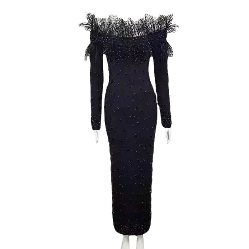 Plus Size Evening Dress Womens Spring Autumn Elegant Ultra Thin Feather Necklace Beaded Skiing Fashion Long Party Clothing 240820