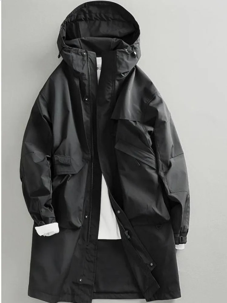 Chic Solid Long Trench Coat Jacket Men Cotton Autumn Spring Windbreaker Mid Length Hooded Jacket High-end Casual Outerwear 240820
