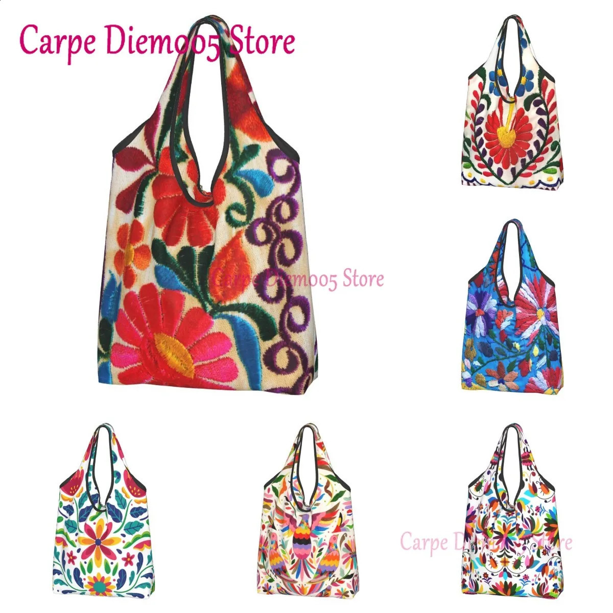 Mexican Flowers Embroidery Art Groceries Tote Shopping Bag Women Textile Floral Folk Shoulder Shopper Large Capacity Handbag 240820