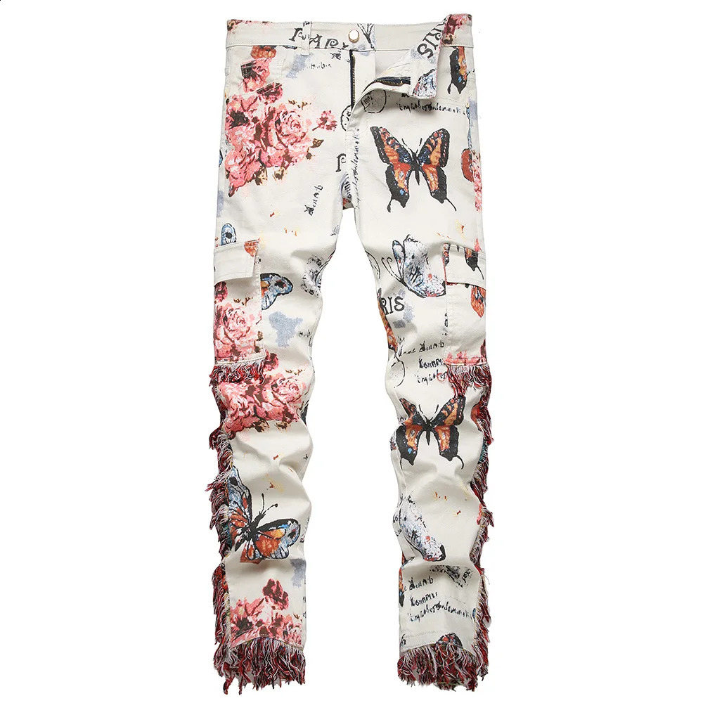 Men Butterfly Flower Print Jeans Tassels Fringe Rose Slim Straight Pants Beige White Muliti Pockets Cargo Trousers 240821