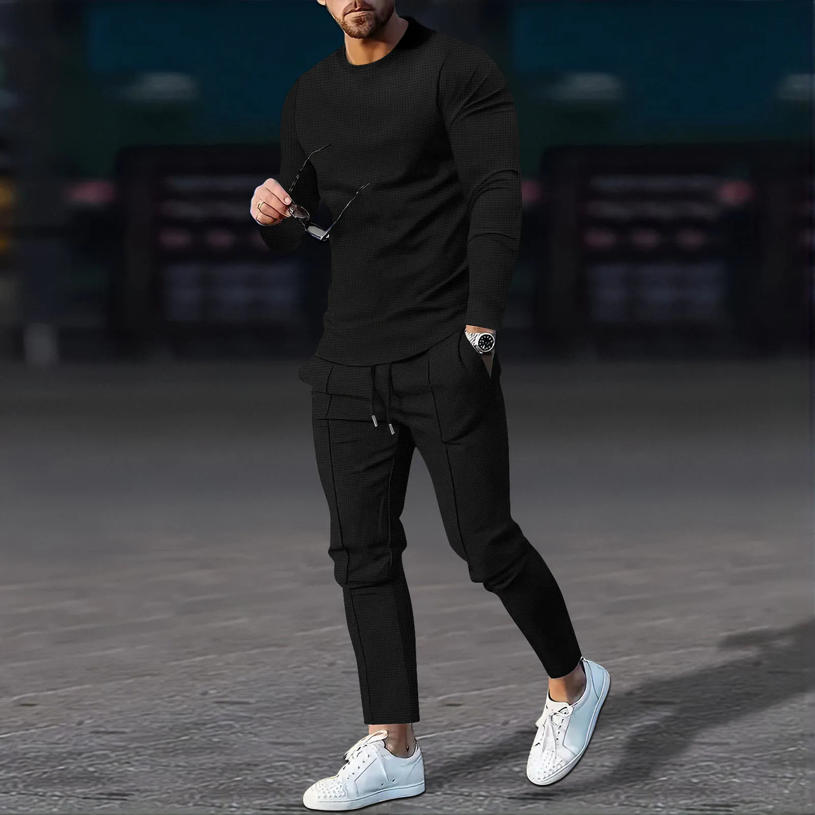 Autumn mens solid color suit waffle round neck long sleeved mens suit 240827