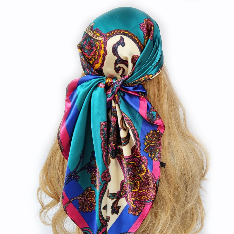 90 90cm Fashion Silk Scarf Headscarf Womens Retro Four Seasons Hair Foulard Bandana 240812