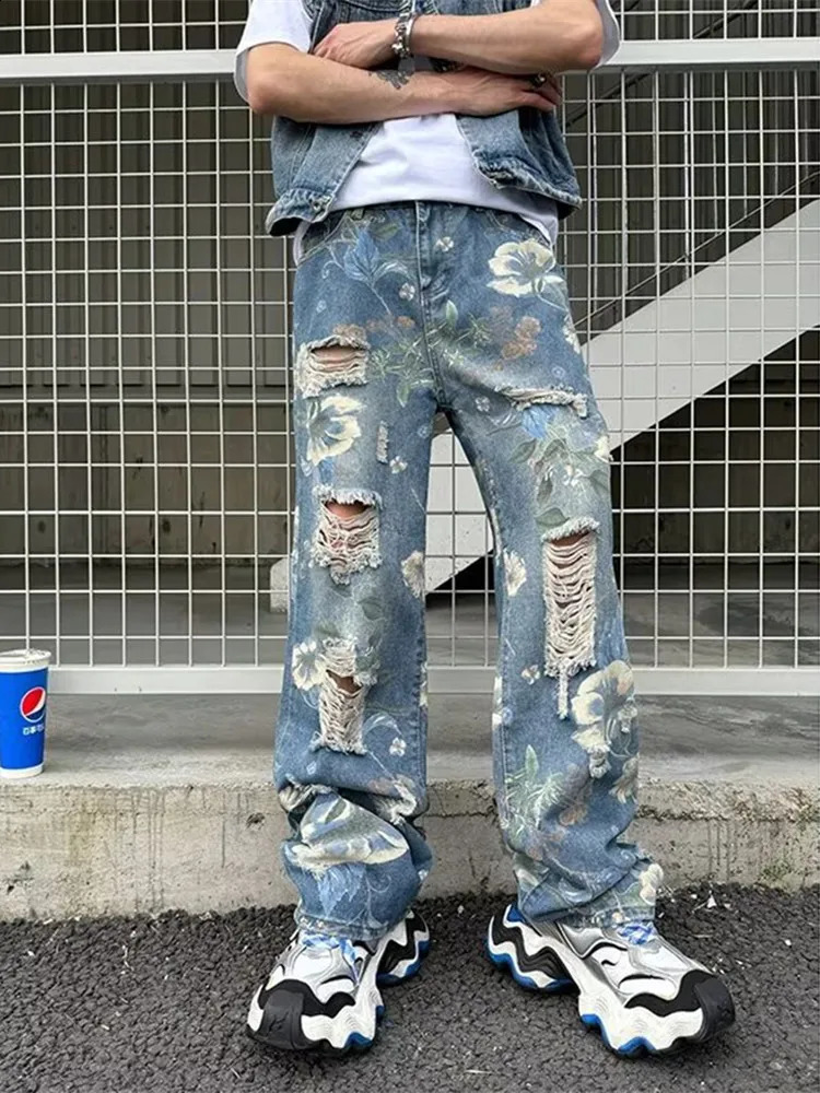 Ropa Y2K Streetwear Flowers Print Ripped Baggy Jeans Pants Men n Clothes Straight Grunge Denim Trousers Pantalon Homme 240821