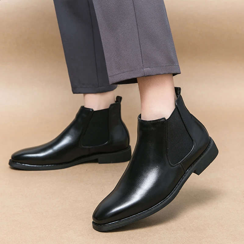 Mens Pointed Chelsea Boots Business Leather Shoes Black Brown Cowboy Autumn Winter Boots Party Dress Ankle Bottas Large 240821