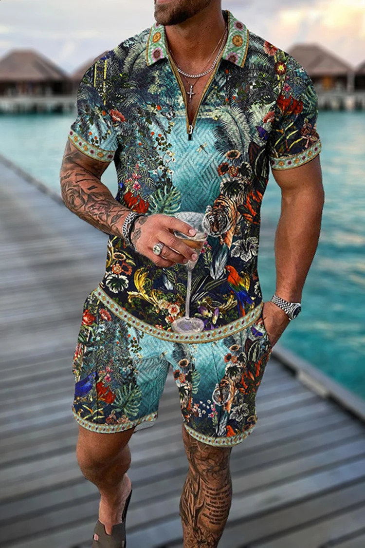 Summer Mens Set Fashion Casual 3D Printing V-Neck Zipper Short Sleeve POLO Shirt Shorts Mens Set 2 Pieces Mens Clothing 240820