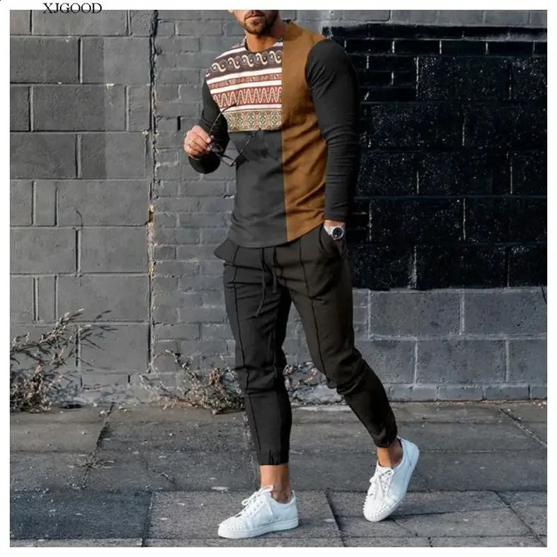 Sweater Set Mens Casual Loose Fit Large Fashion Versatile Trend Round Neck 3D Silent Print 2-Piece Set 240821