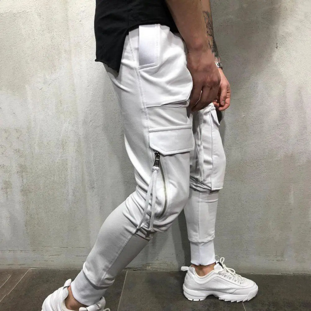 Multi Pockets Elastic Waist Training Trousers Ribbed Ankle Solid Color Drawstring Men Cargo Pants Workwear 240821