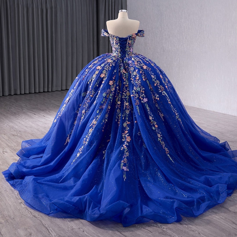 Royal Blue Shiny Quinceanera Dress Off The Shoulder Lace Applique Tull Birthday Party Sweet 16 Vestidos De 15 Anos