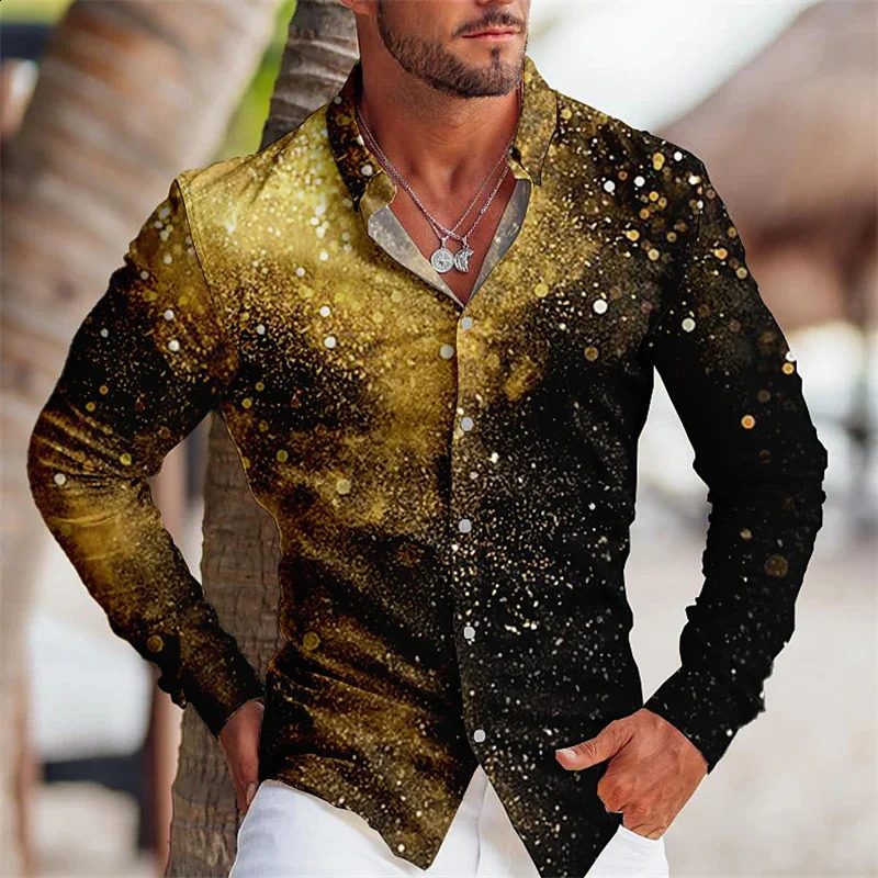 mens party shirt 3D gold printed long sleeved button top mens casual shirt plus size mens shirt 240821