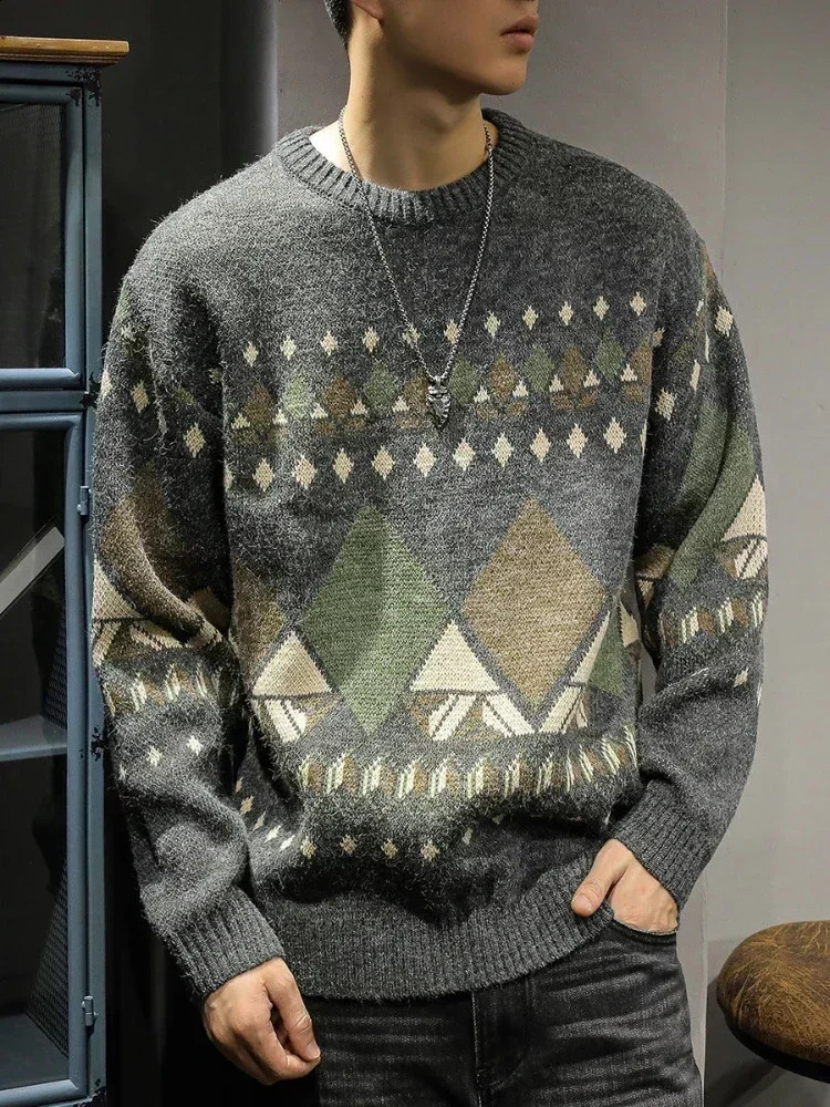 Knit Sweater Male Round Collar Mens Clothing Crewneck Argyle Jacket Coat Pullovers Graphic Aesthetic Meme Neck Order Classic A 240821