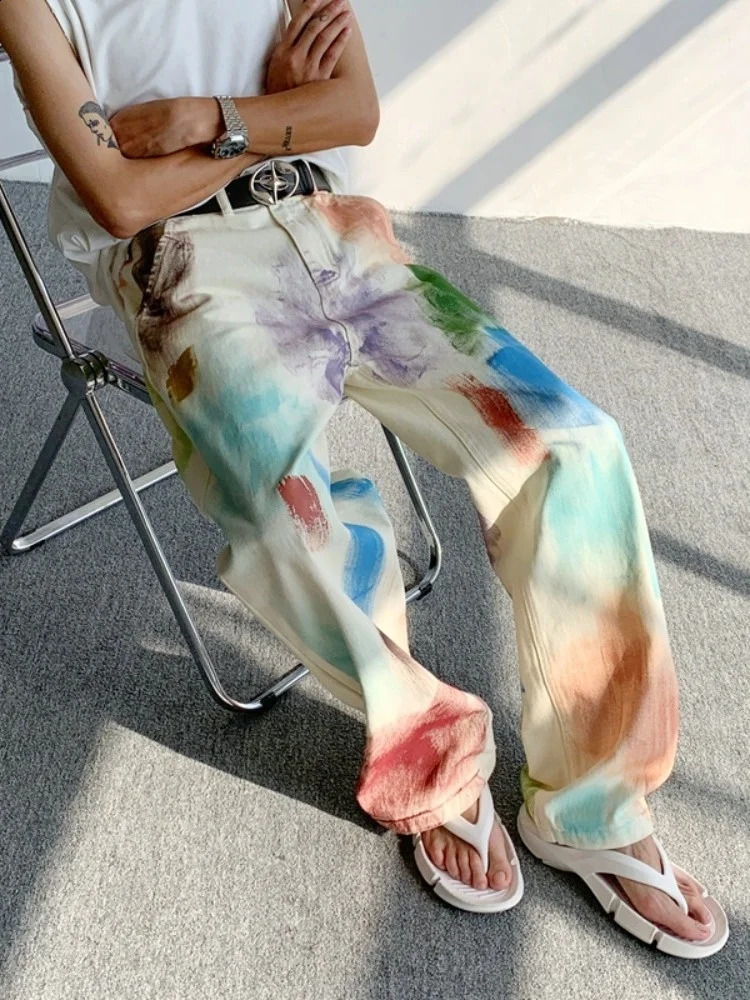 Oldschool hand-painted oil painting jeans with colorful paint style high-end pants trendy floor mops 240821