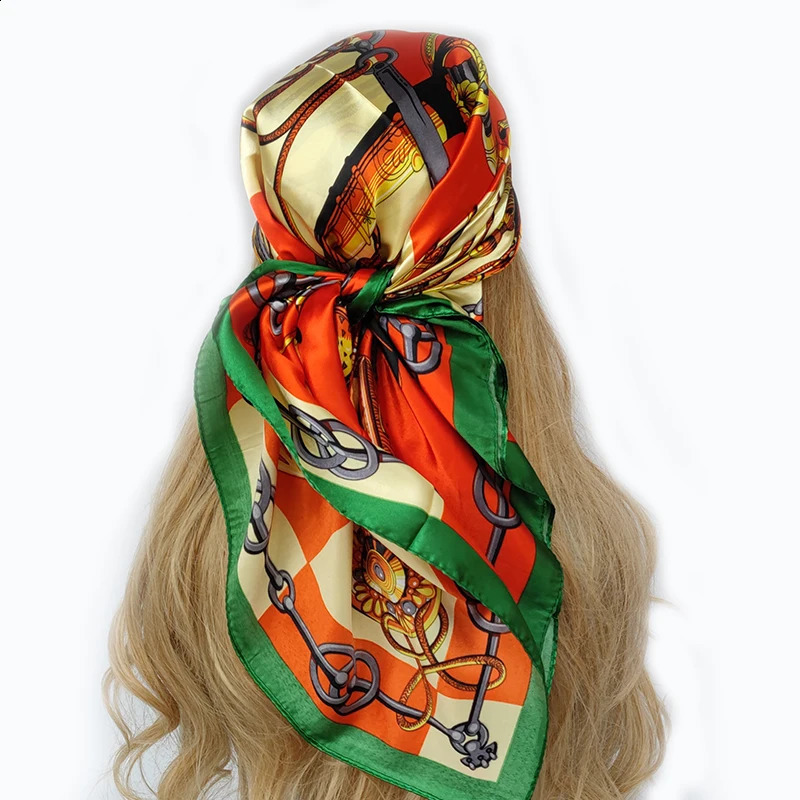 90 90cm Fashion Silk Scarf Headscarf Womens Retro Four Seasons Hair Foulard Bandana 240812
