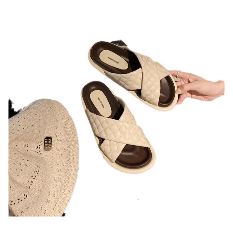 Ddmysports Grape Mom S Same Style Summer New Soft Glutinous Diamond Grid Cross Belt Flat Bottomed Color Blocking External Slippers Women Leather OUTDO