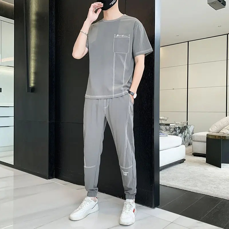 Male T Shirt Pants Sets Korean Style Black Fashion Top Slim Fit Fashion Essential Cotton In Matching Xl Clothes for Men 240821