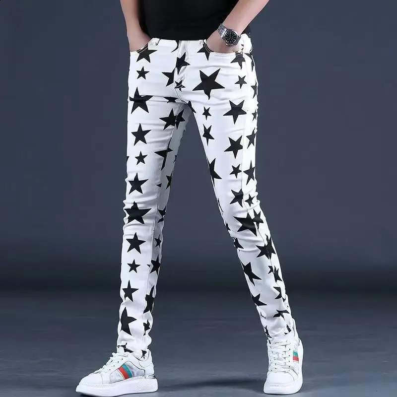 Summer Thin High Street Straight Denim Trousers Mens White Flag Print Jeans Stretch Slim Casual Five-Pointed Star Hip Hop Pants 240821