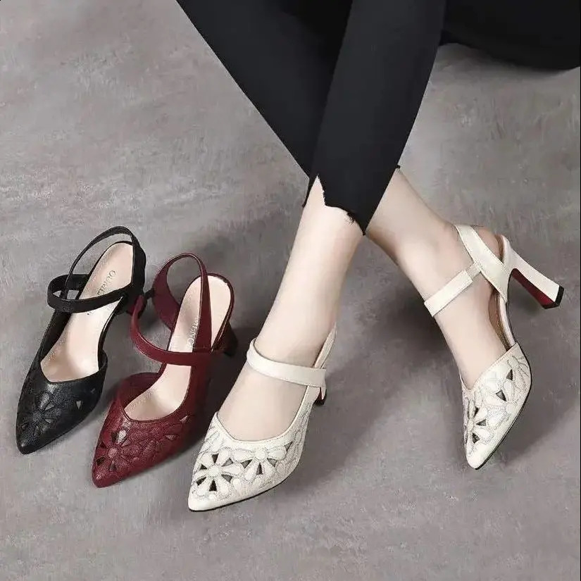 Ladies Shoes Pointed Toe Sandals for Women Block Heel Pumps Footwear Outdoor Red Heeled High Heels Summer 2024 Chunky Thick Sale 240819