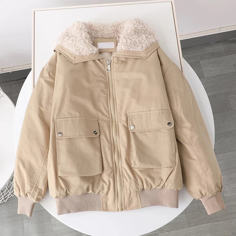 Winter Short Parka Pink Fleece Down Coats Fashion Hairy Puffer Jacket Ladies Korean Pockets Thick Cotton Padded Outwear 240821