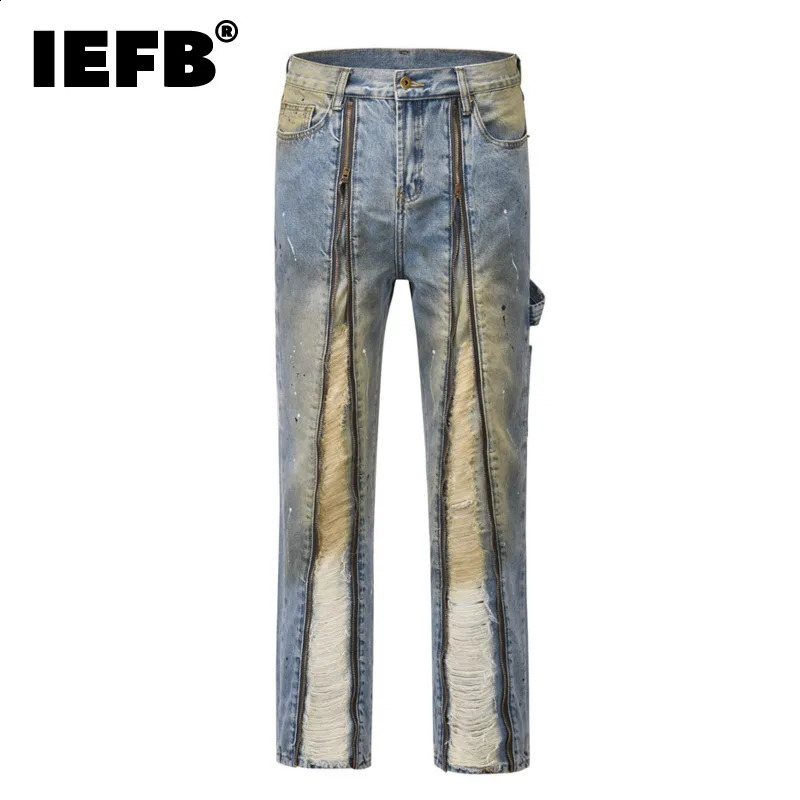 IEFB Vintage Men Jeans Pant Harajuku Straight Ink Painted Baggy Denim Trousers Personality Front Zipper Distressed Washed 9C1120 240821