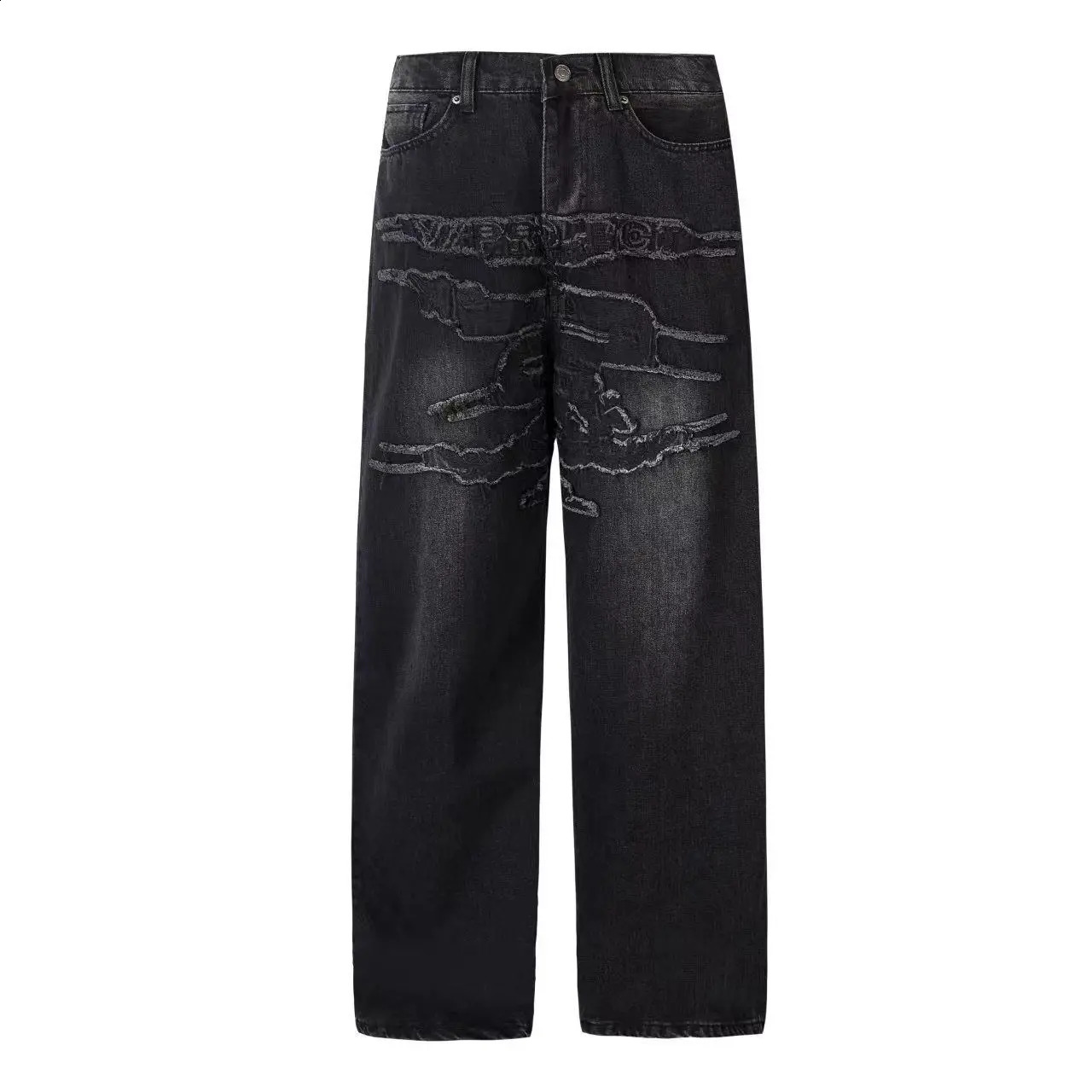 Patch embroidery jeans style washed hip hop mid-waist destroyed mid-high waist loose street fashion straight trend trousers 240821