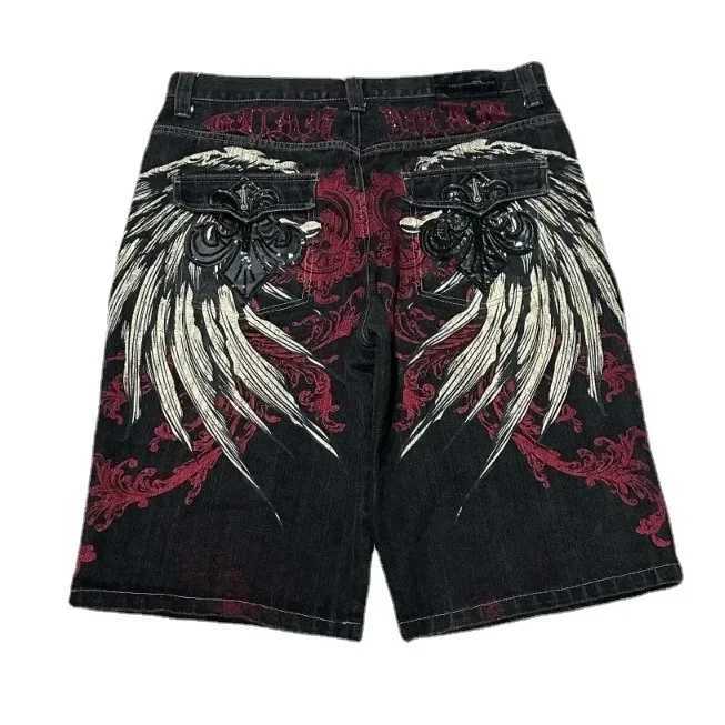 Vintage Gothic Angel Wings Embroidered Cowboy Shorts Y2K Harajuku Hip Hop Backpack Gym Shorts Punk Wide Legs Jorts Street Mens WearW240723