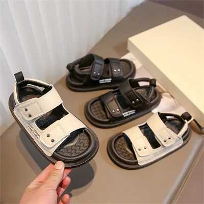 Childrens non slip soft sole black/beige leather sandals boys and girls 2024 summer new PU beach shoes size 26-36 W240821